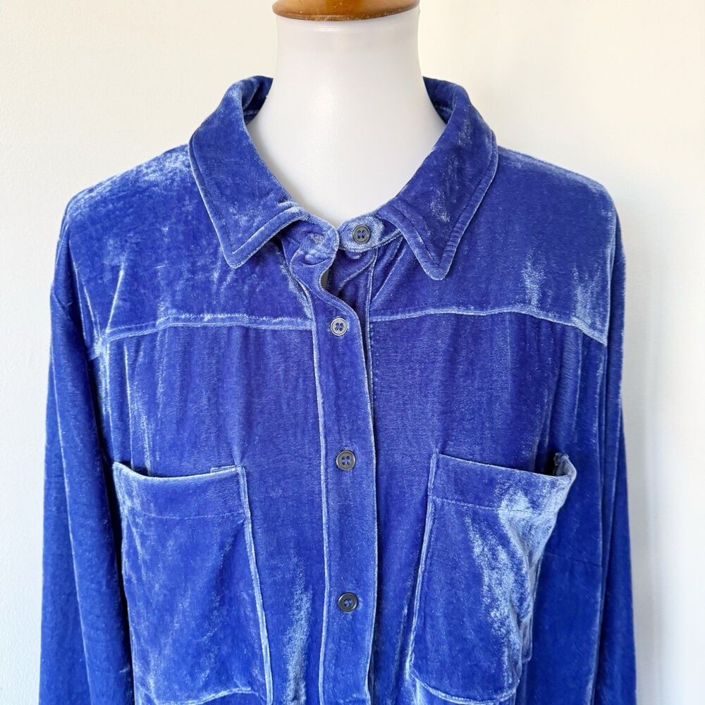 Cato Shirt Long Sleeve Button Up Velour Crushed Velvet Blouse Blue 22/24W 3X - Picture 7 of 16
